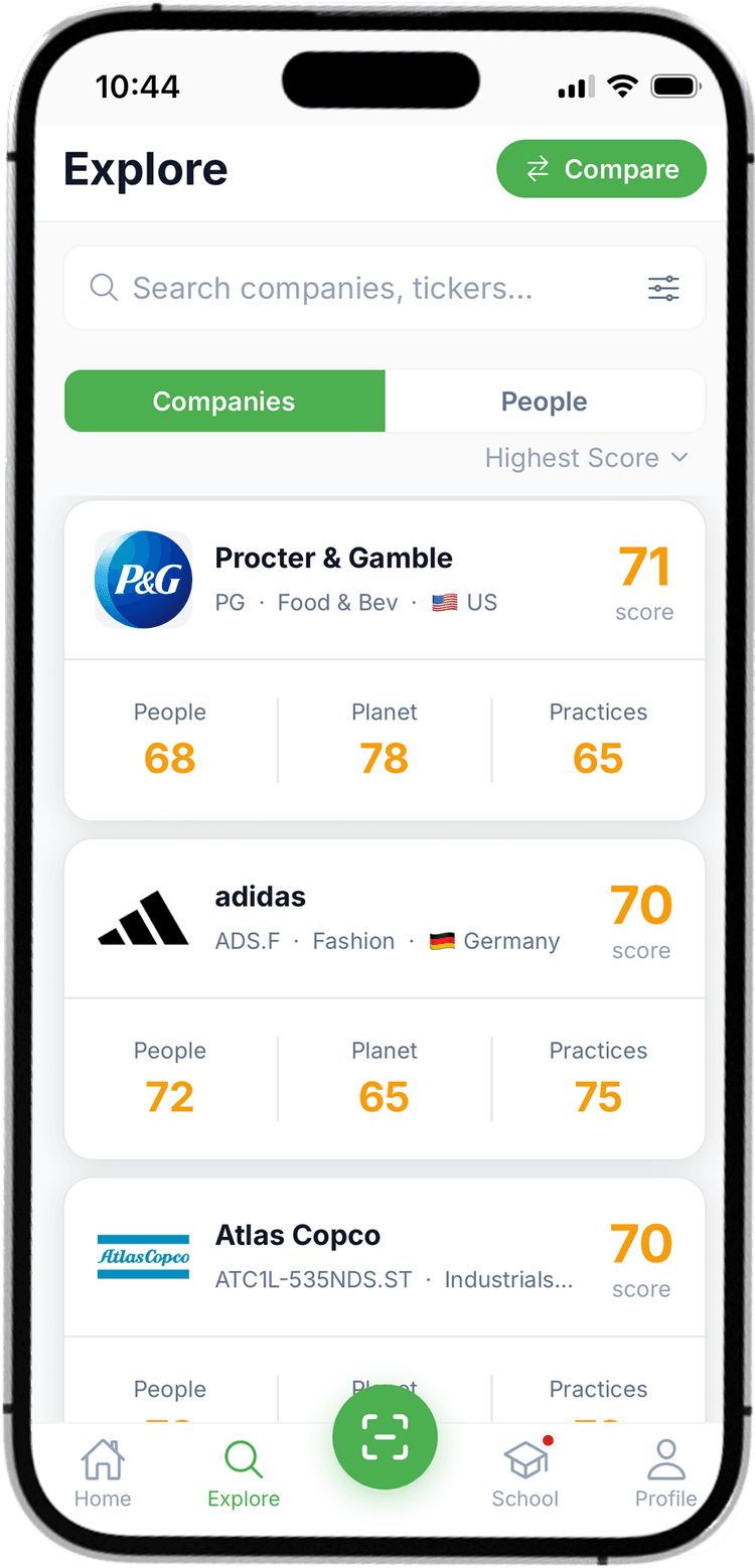 The Susty Explore screen in the app: companies ranked by Susty Score with the People, Planet and Practices breakdown