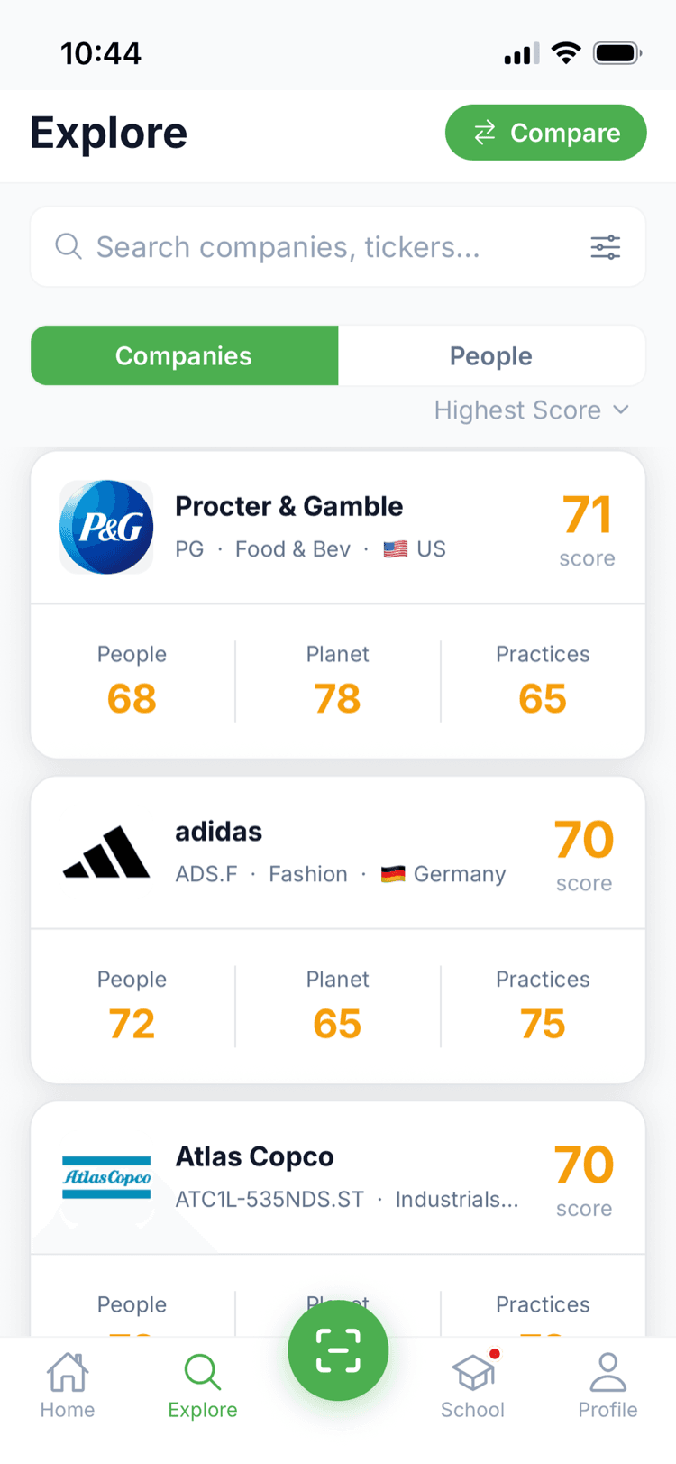 Susty Explore screen ranking companies by sustainability score